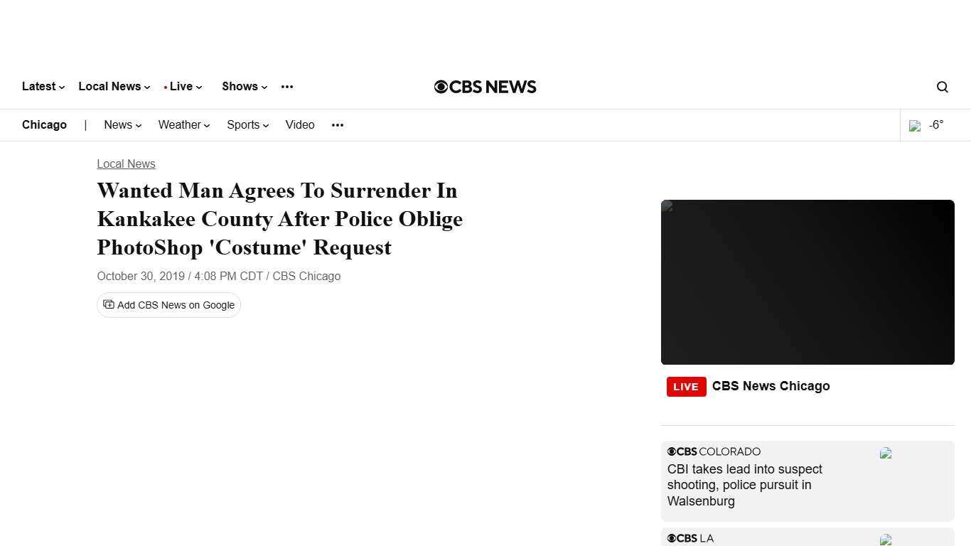 Wanted Man Agrees To Surrender In Kankakee County After Police Oblige PhotoShop 'Costume' Request - CBS Chicago